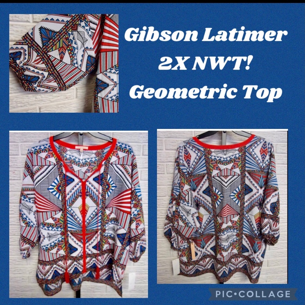 🆕Gibson Latimer 2X geometric tribal Aztec top blue red July 4th USA NWT!